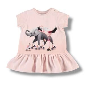 Molo Dress Baby Girls 6M Pink Rolling Friends Graphic Ruffle Hem Organic Cotton